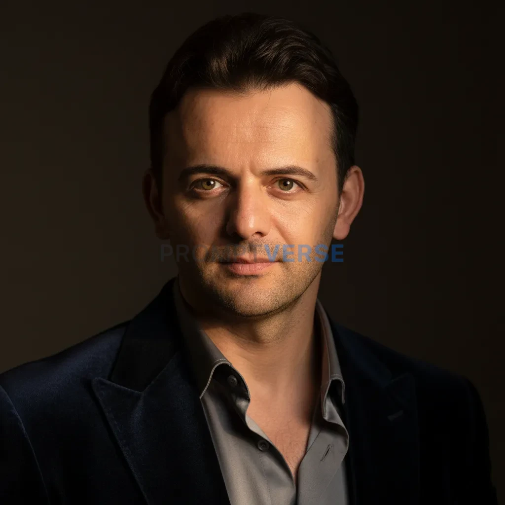 Cinematic close portrait of a stylish man in a velvet blazer, open col