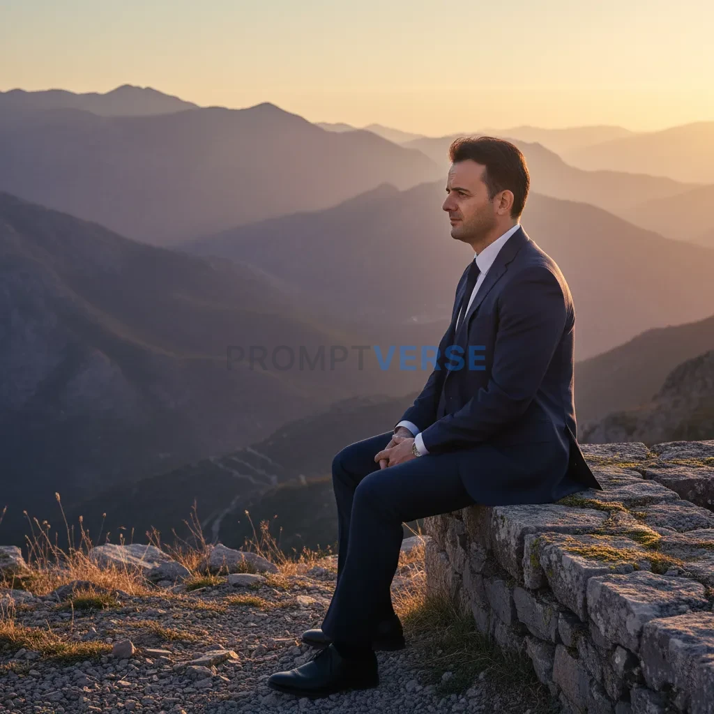 Outdoor portrait, man in a dark suit seated on a stone wall overlookin