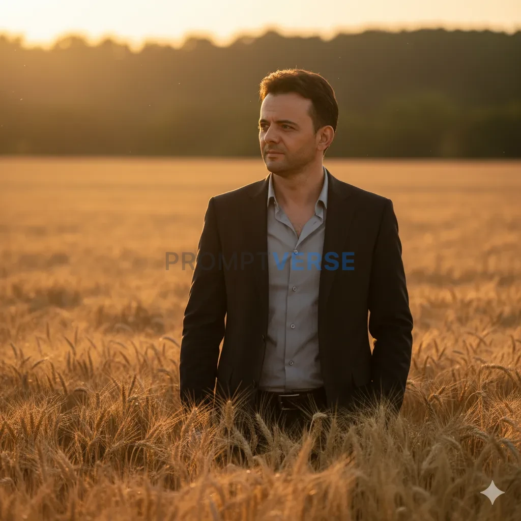 Cinematic golden hour portrait of a man in a dark blazer standing in a