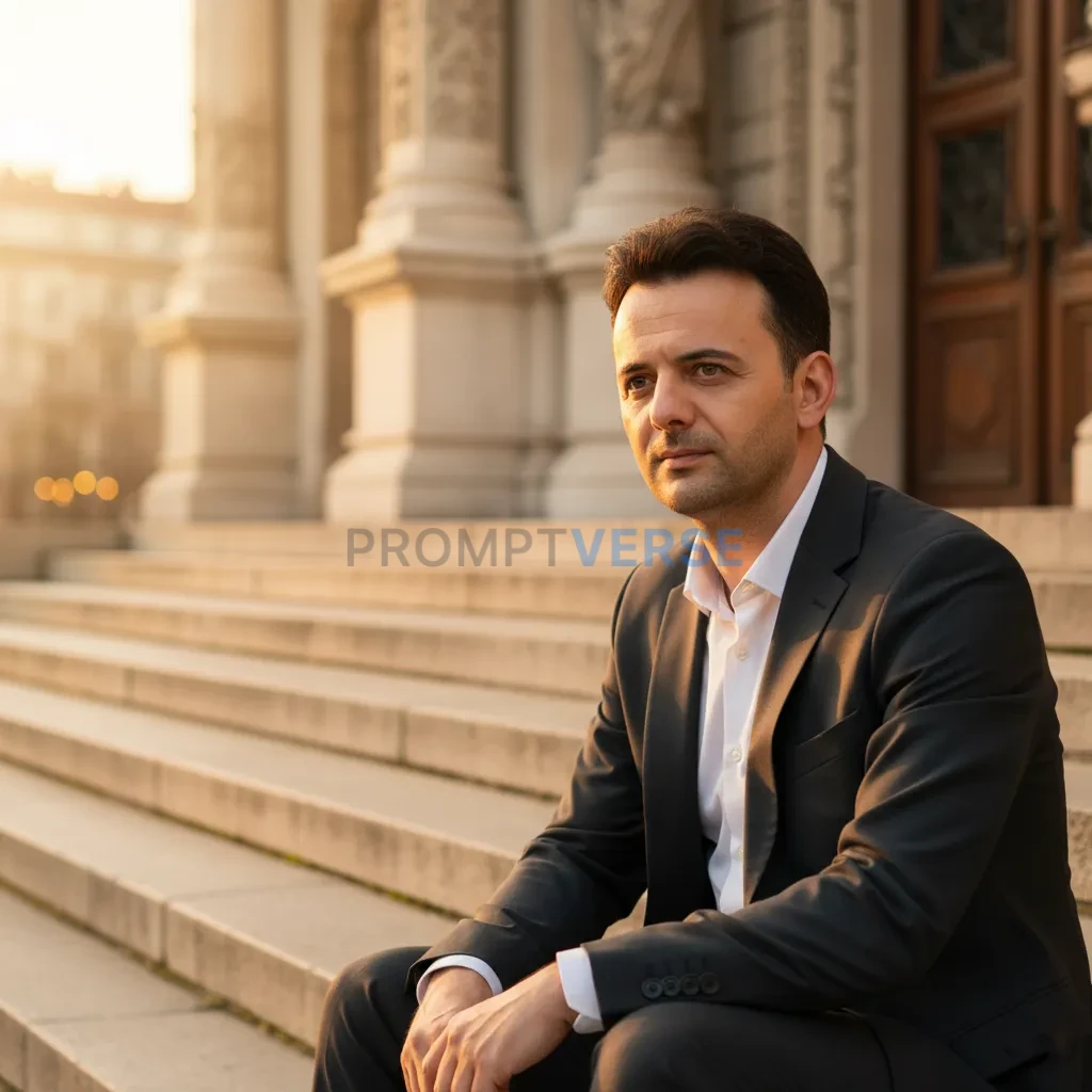 Cinematic portrait, man in an open-collar suit seated on stone steps o
