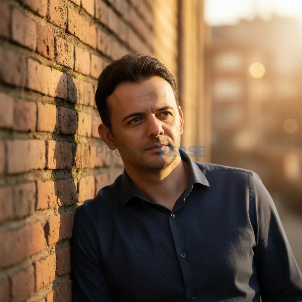 Cinematic portrait of a man leaning against an old brick wall, warm su