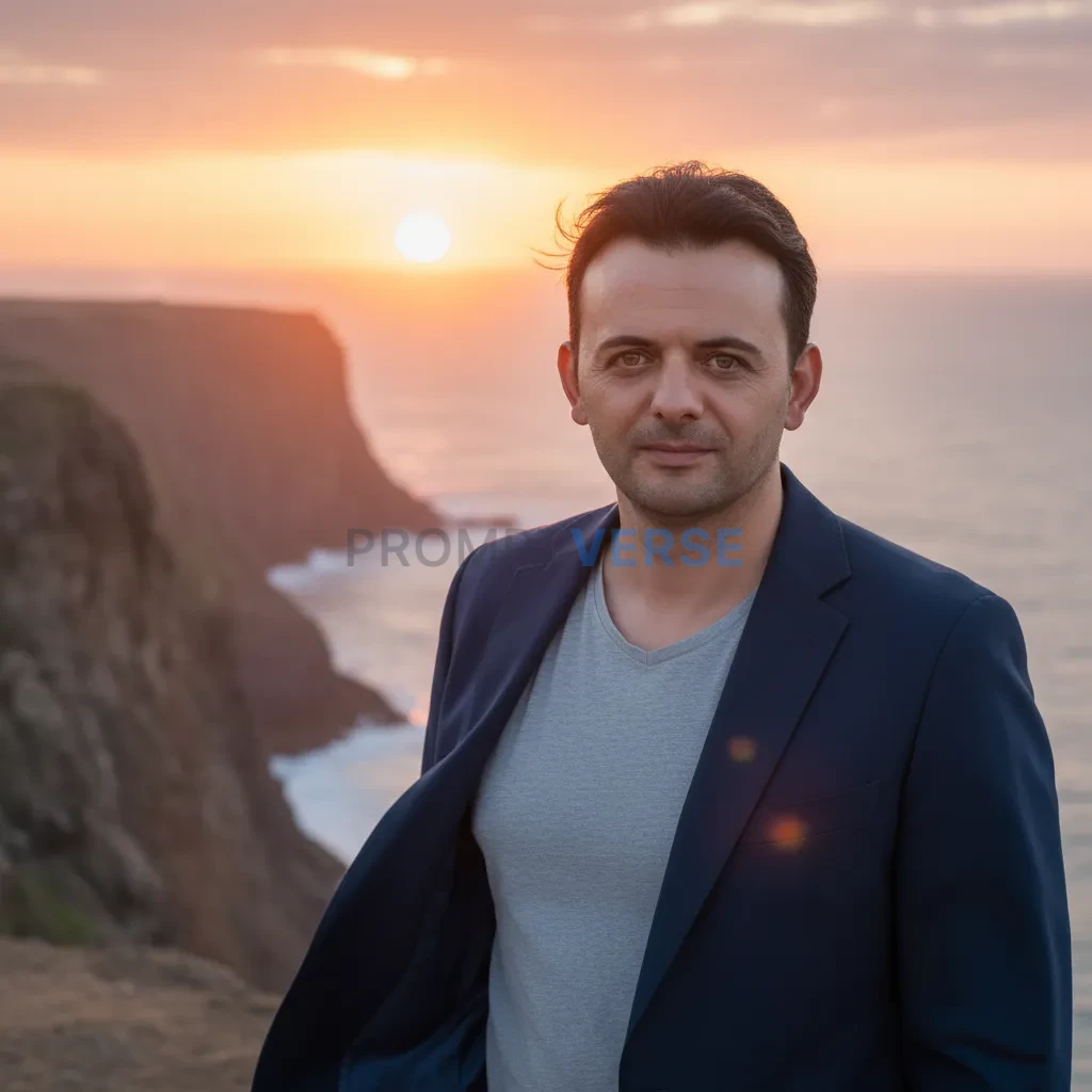 Cinematic portrait, man in a tailored blazer standing near an ocean cl