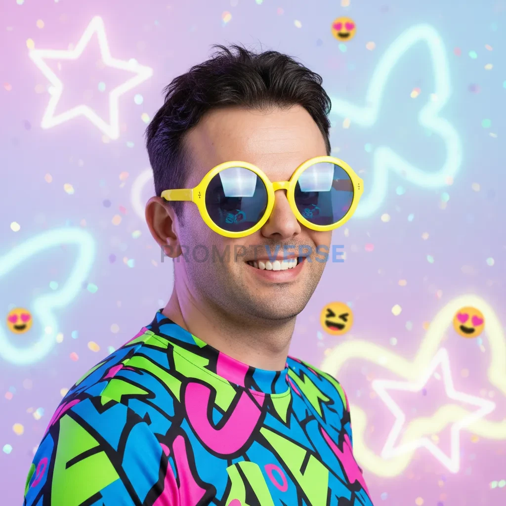 Cinematic portrait, person wearing oversized colorful sunglasses and a