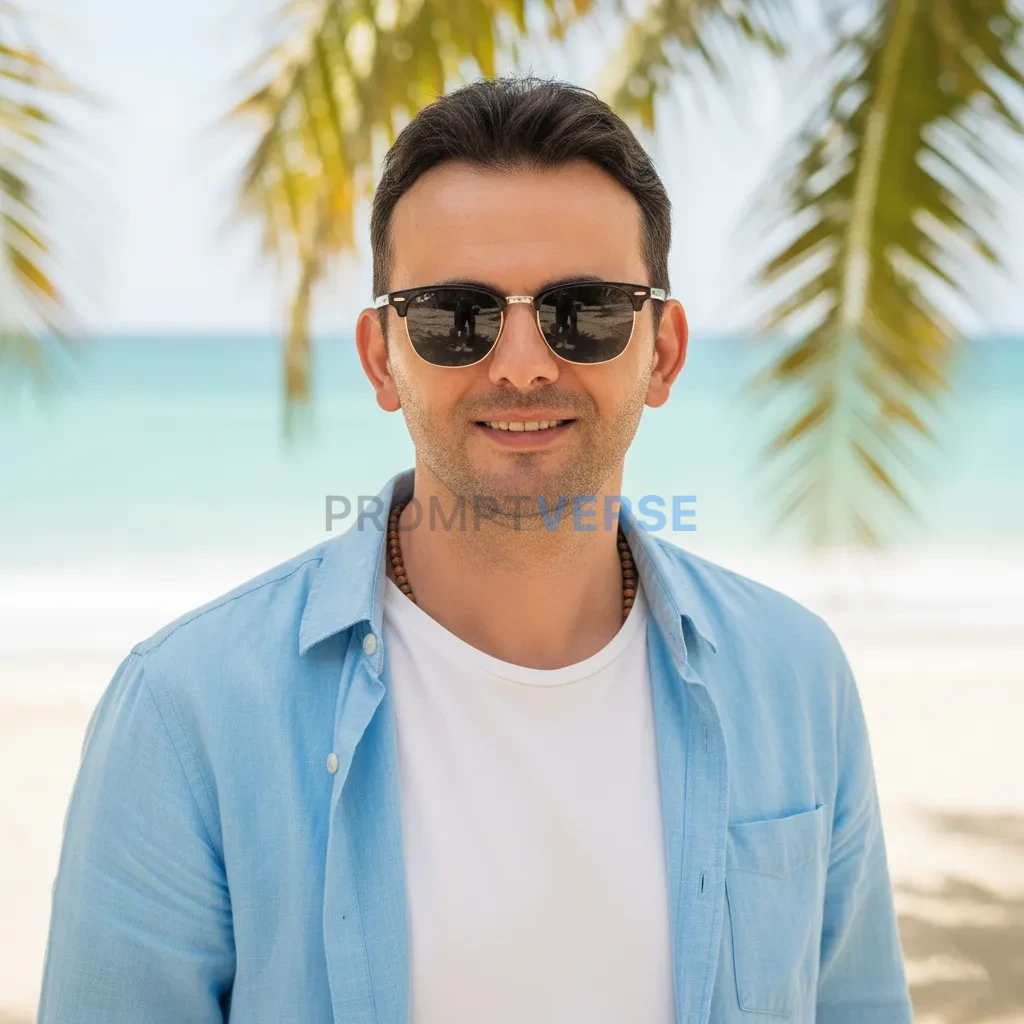 Cinematic portrait, casual summer outfit with sunglasses, beach vibe b