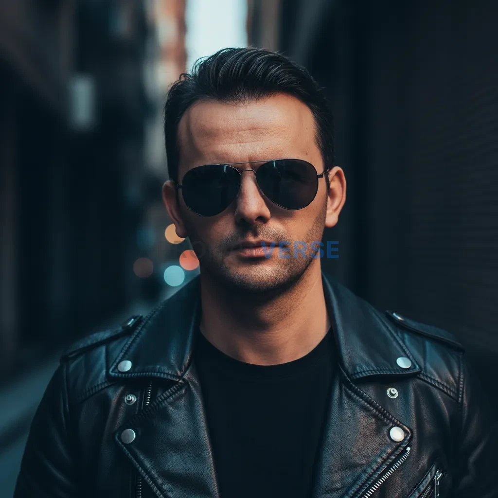 Cinematic portrait of the person, wearing a black leather jacket and a