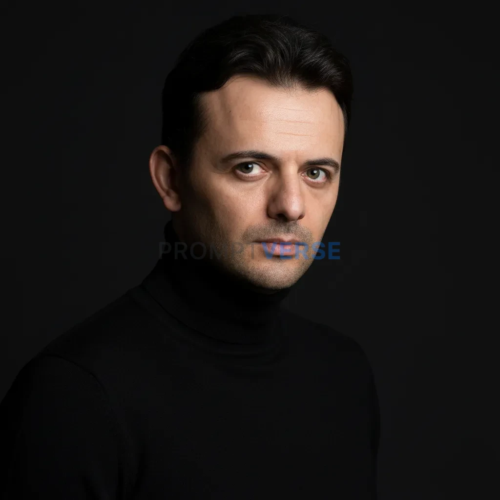 Portrait of man in black turtleneck, moody fashion lighting, ultra-det