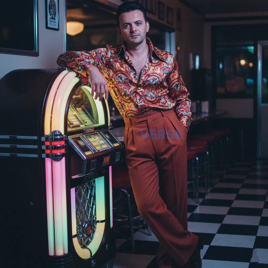 Retro-inspired editorial portrait, man in patterned silk shirt and hig