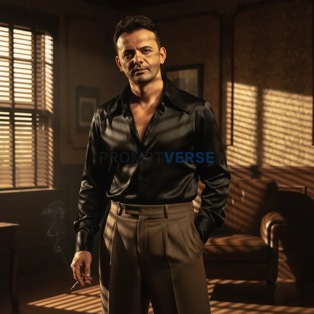 High-quality portrait of a man in silk shirt tucked into wide trousers