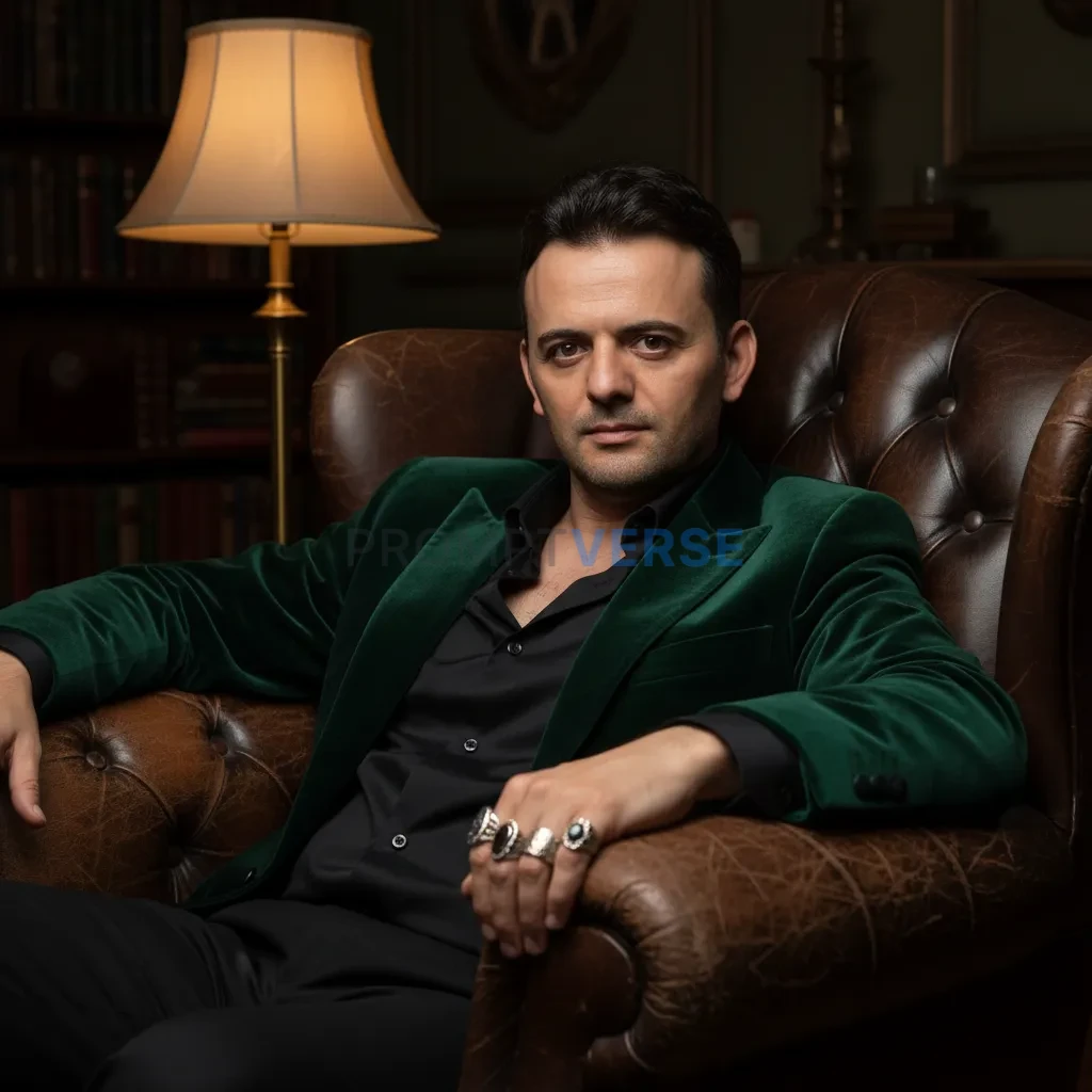 Cinematic close-up, man in velvet jacket with silver rings, leaning ba