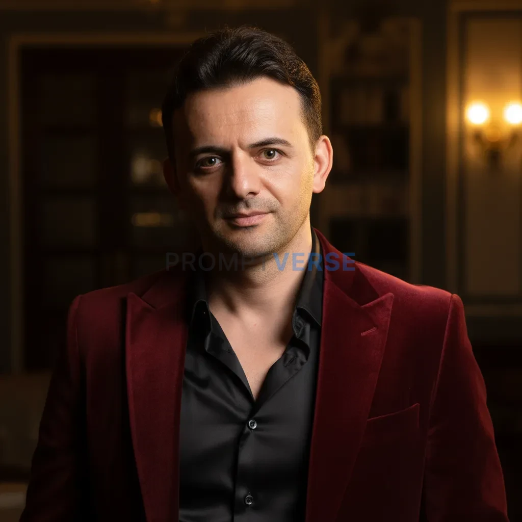 High-quality portrait of a man in a deep red velvet blazer, shirt unbu