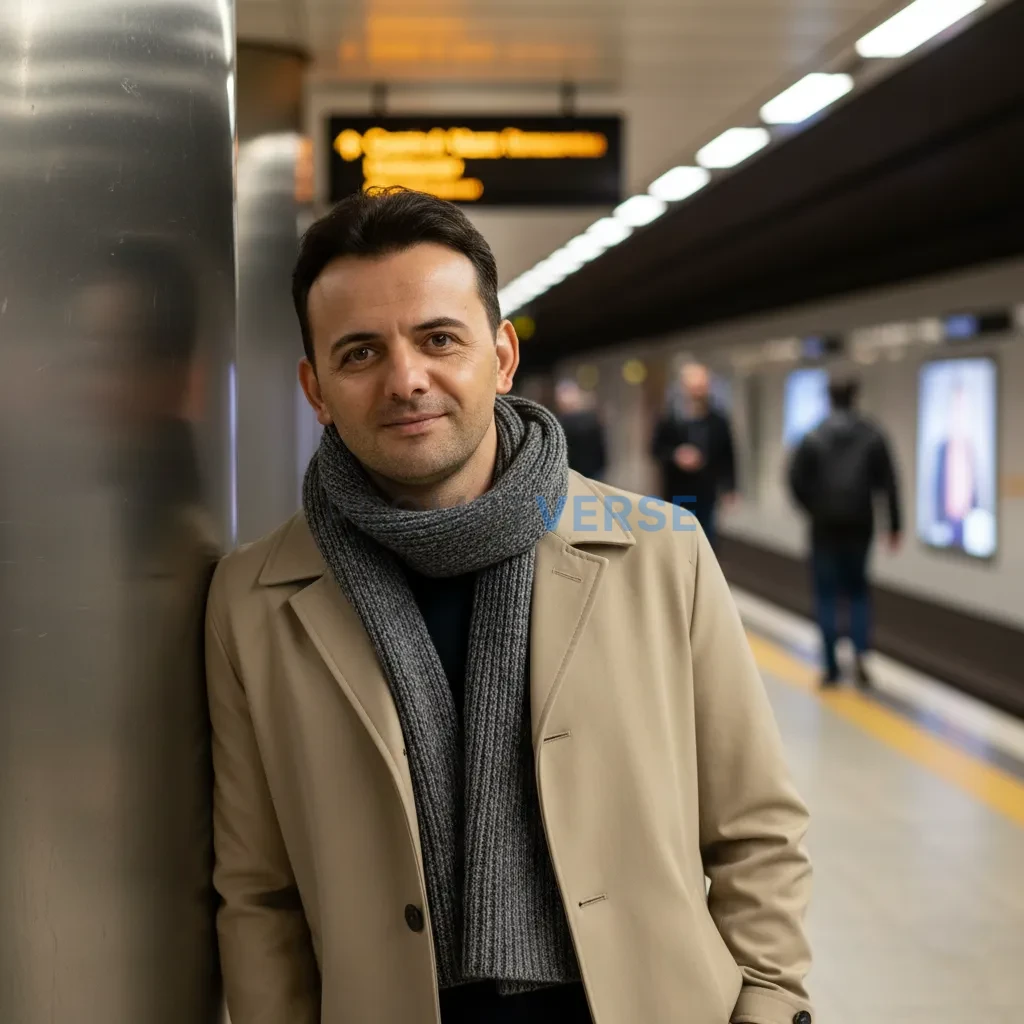 Candid portrait, man in a cropped trench coat, scarf loosely draped, l
