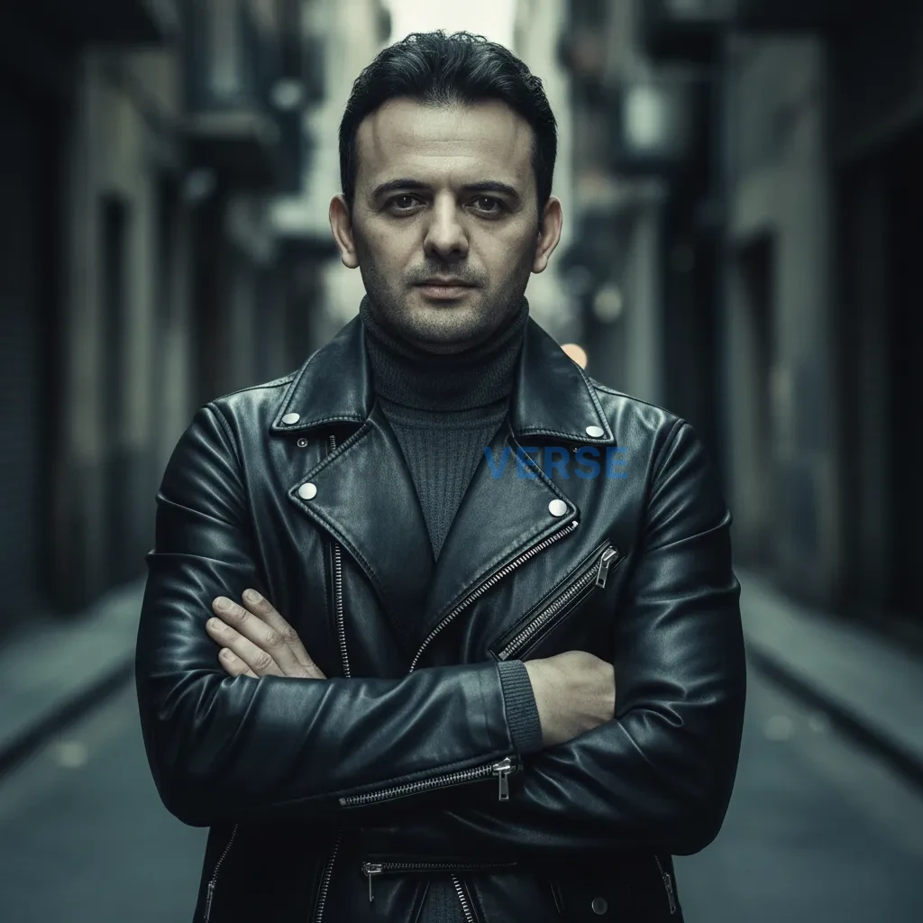 High-quality editorial portrait, man in a fitted biker jacket layered 