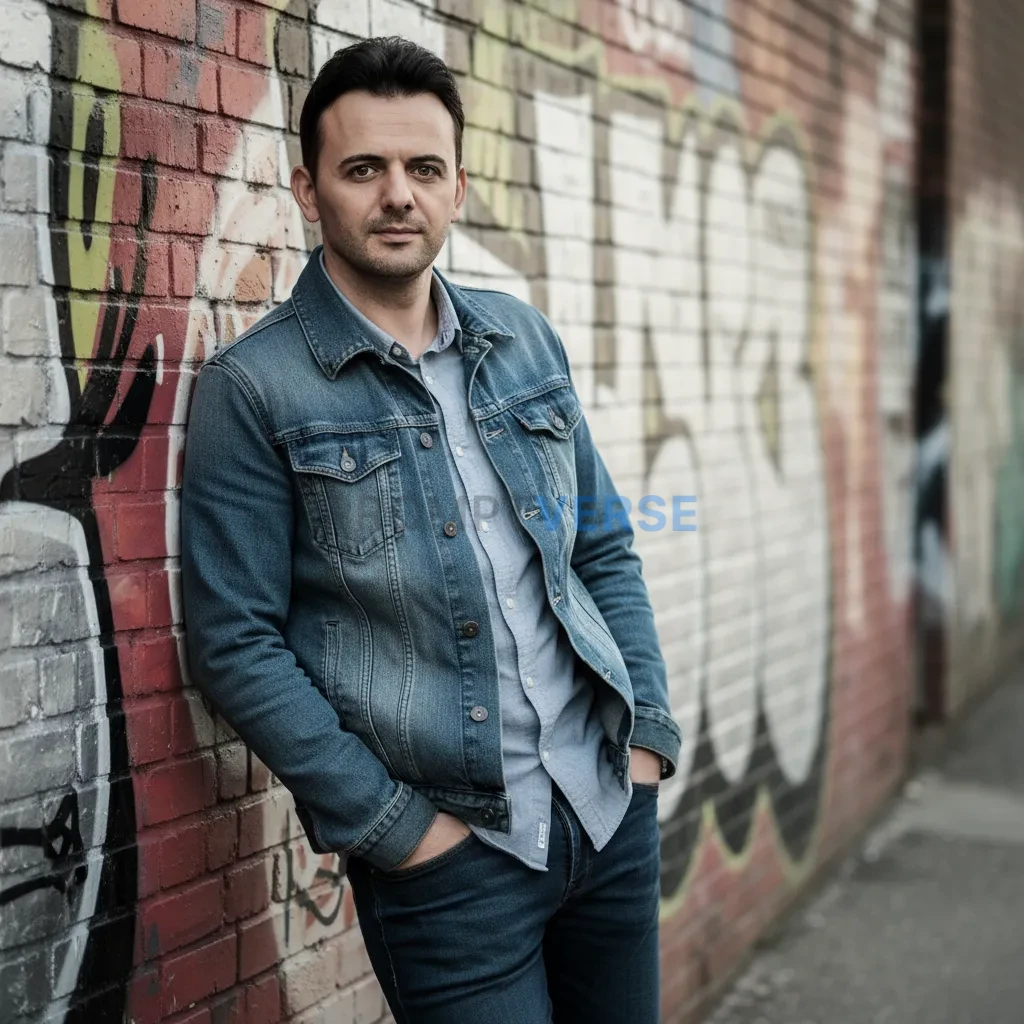 Cinematic portrait, man in a denim-on-denim layered look, leaning casu