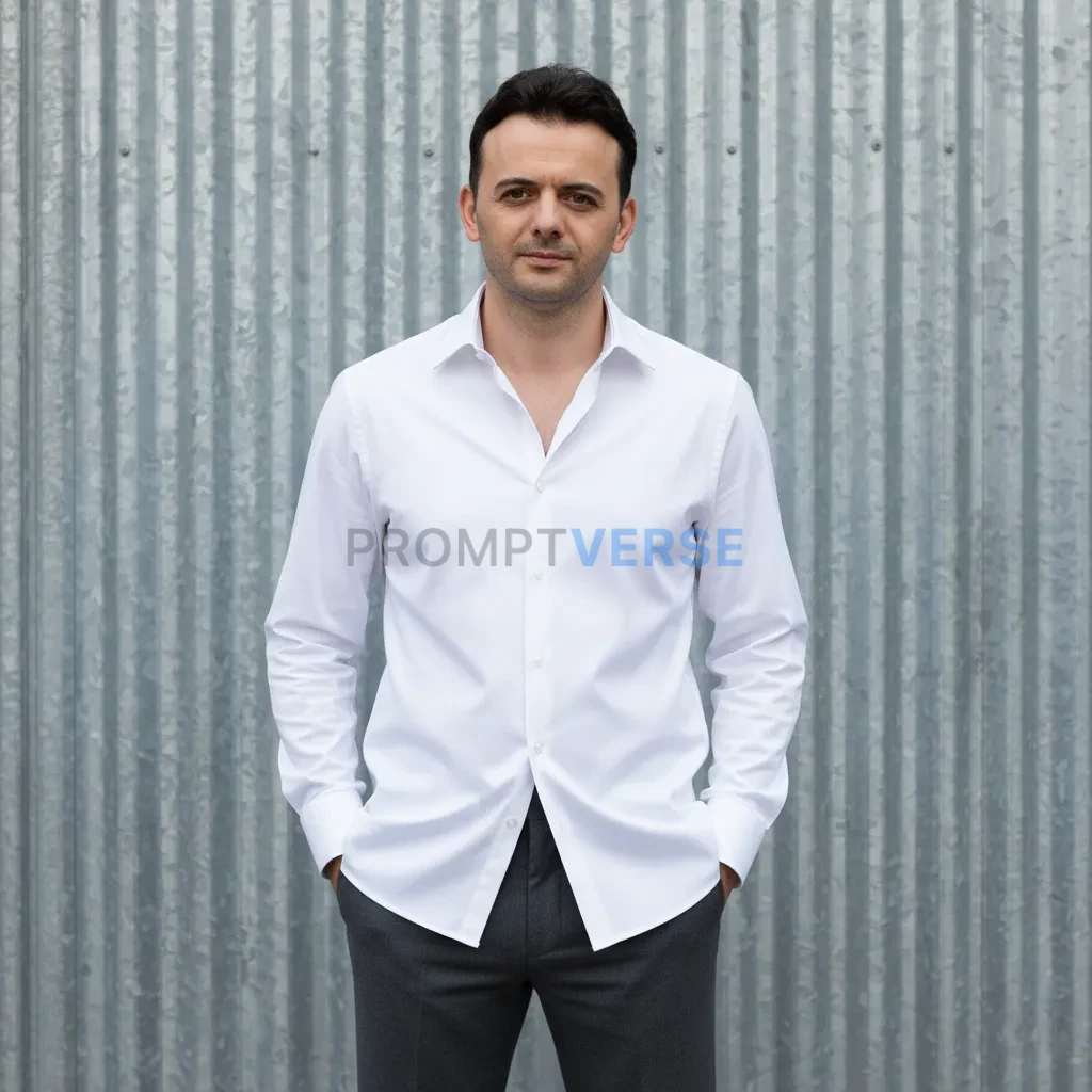 Editorial fashion portrait, man in a crisp white oversized shirt tucke
