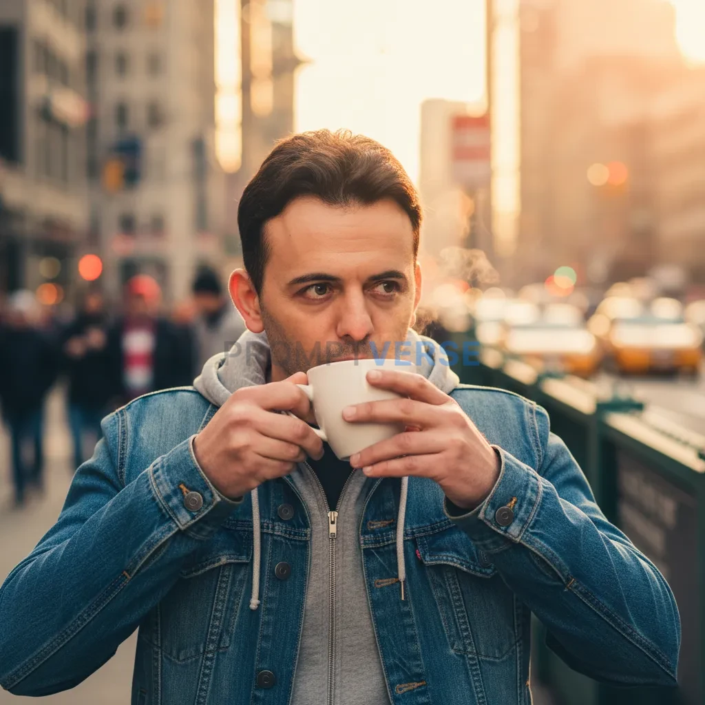 Lifestyle portrait, man in a denim jacket layered over a hoodie, sippi