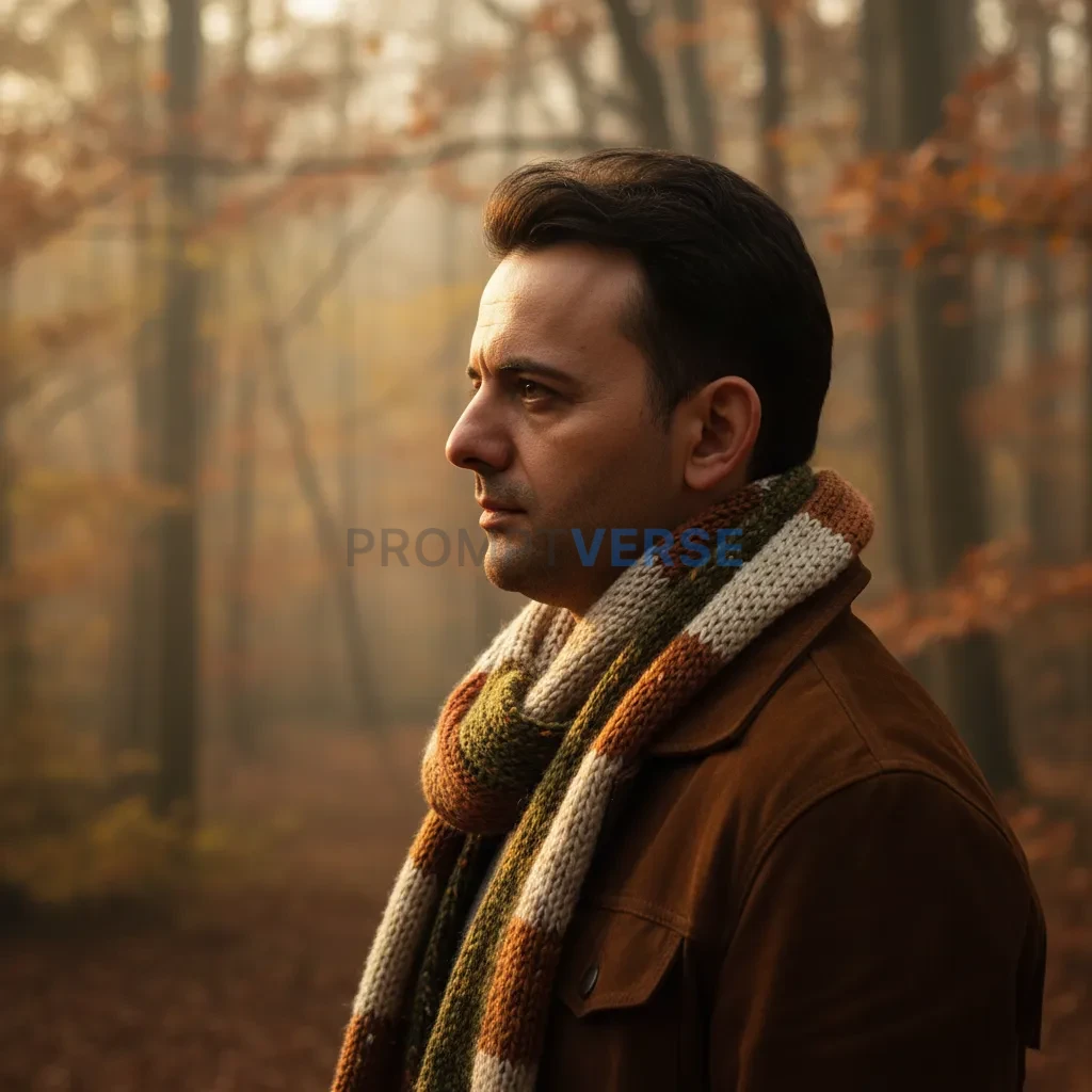 Portrait of a man in a suede jacket layered with a chunky knit scarf, 