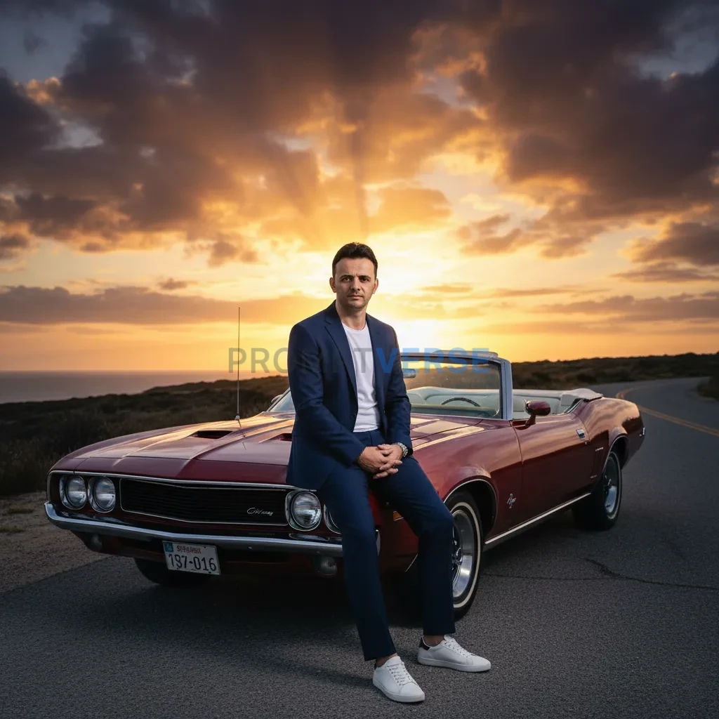 Editorial portrait of a man in a modern suit with sneakers, sitting on