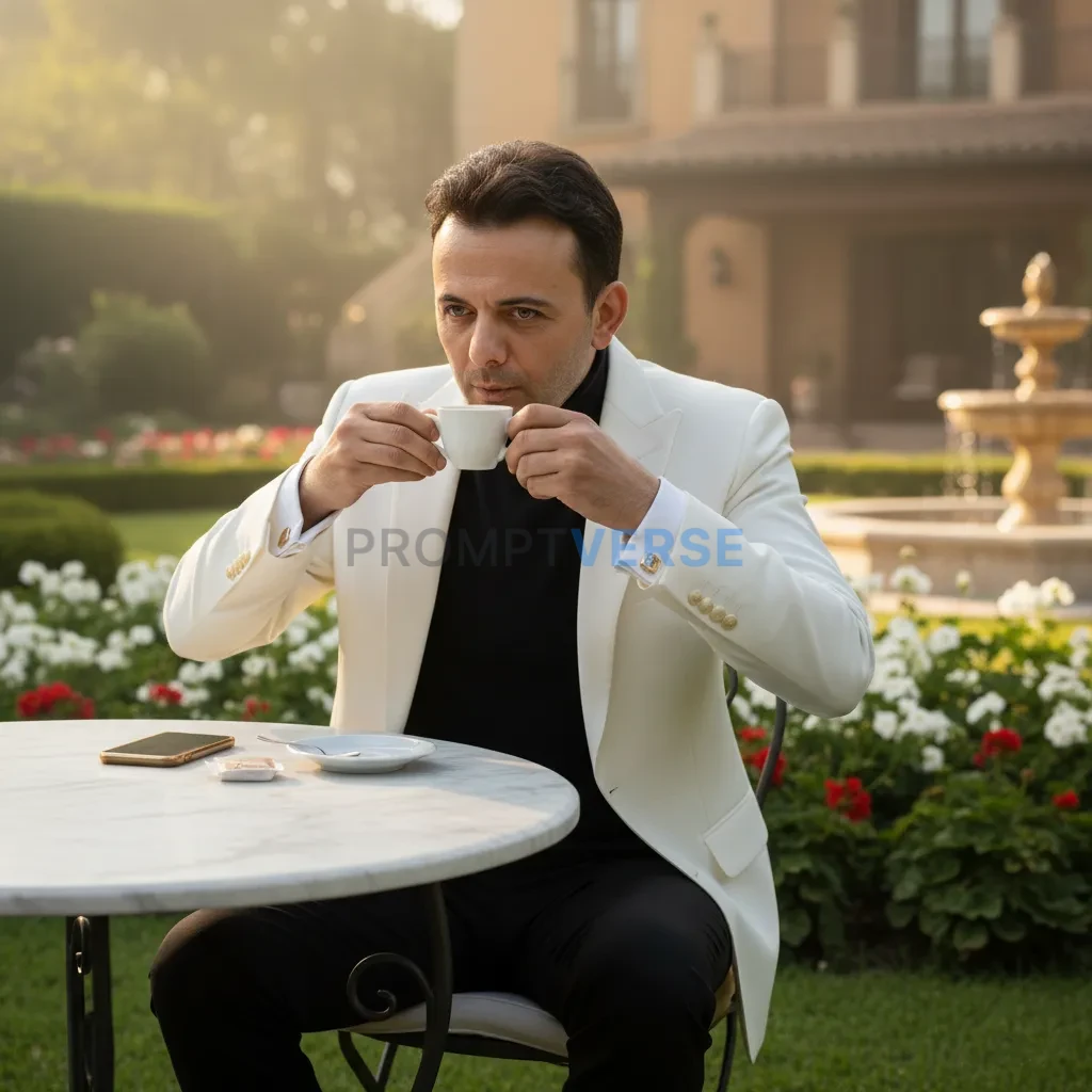 Ultra-detailed portrait, man in white blazer with gold cufflinks, sipp