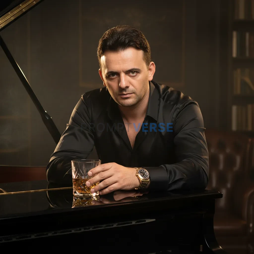 Cinematic close-up, man in silk shirt with gold watch, leaning on a po