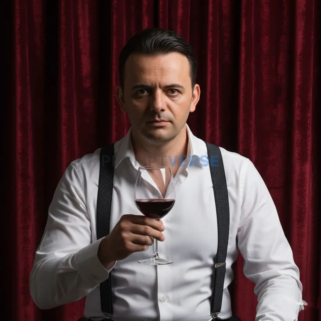 Editorial portrait, mafia don in crisp white shirt with suspenders, ho