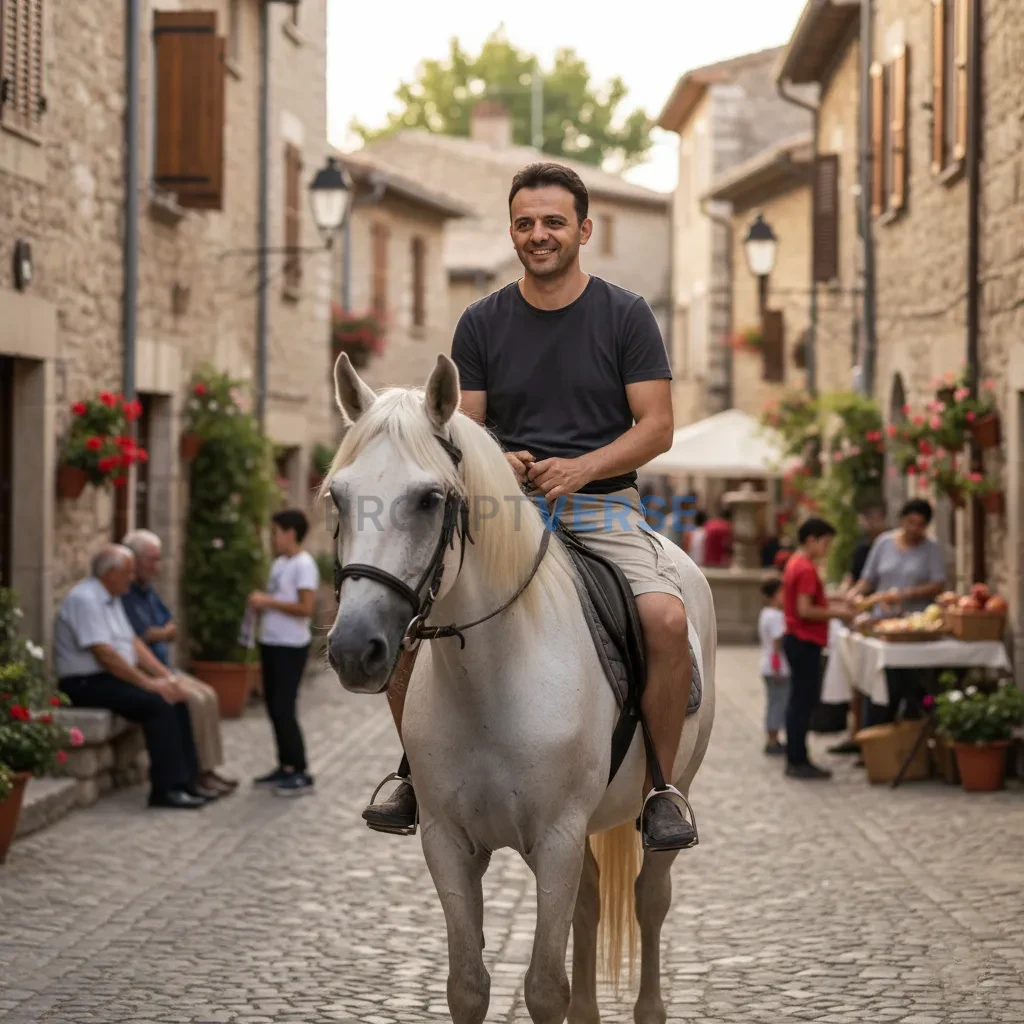 High-quality lifestyle portrait, man seated on a white horse in a rust