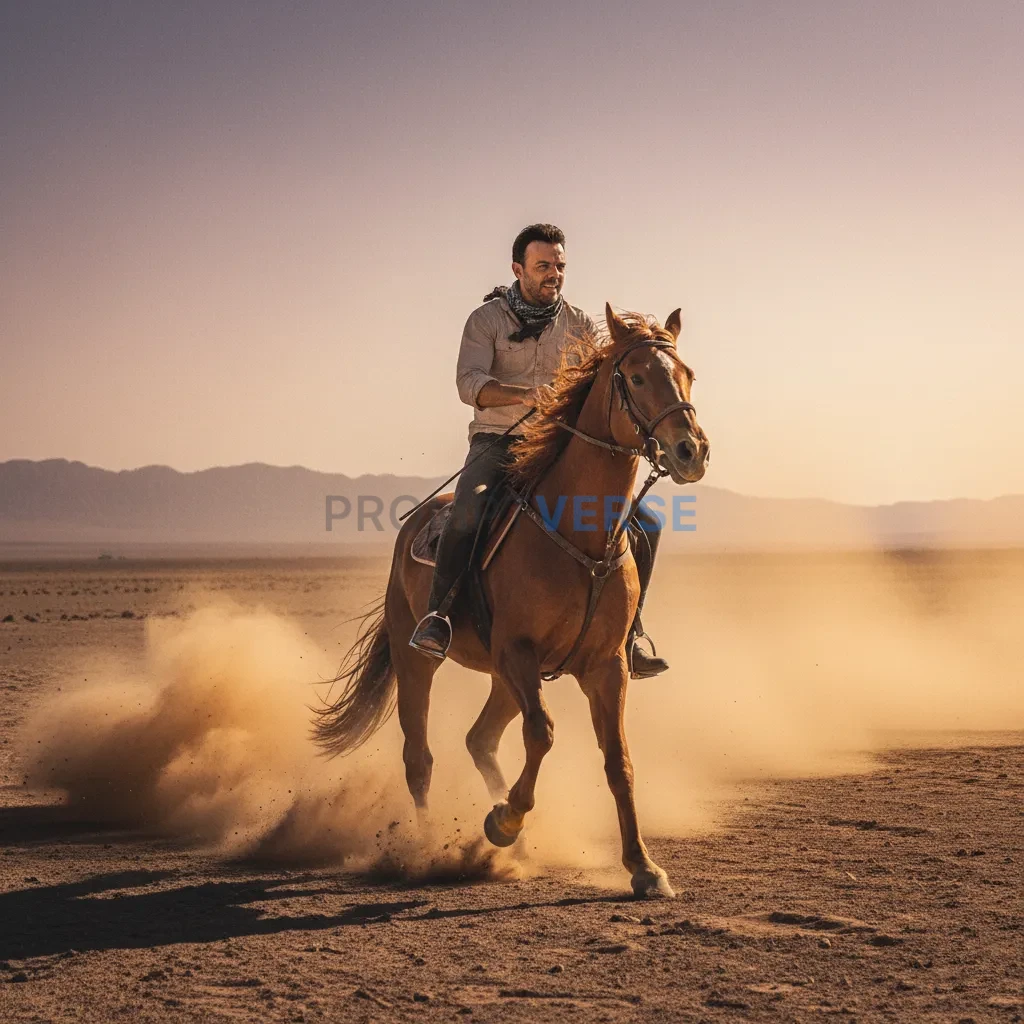 Cinematic action portrait, man galloping across desert sand on horseba