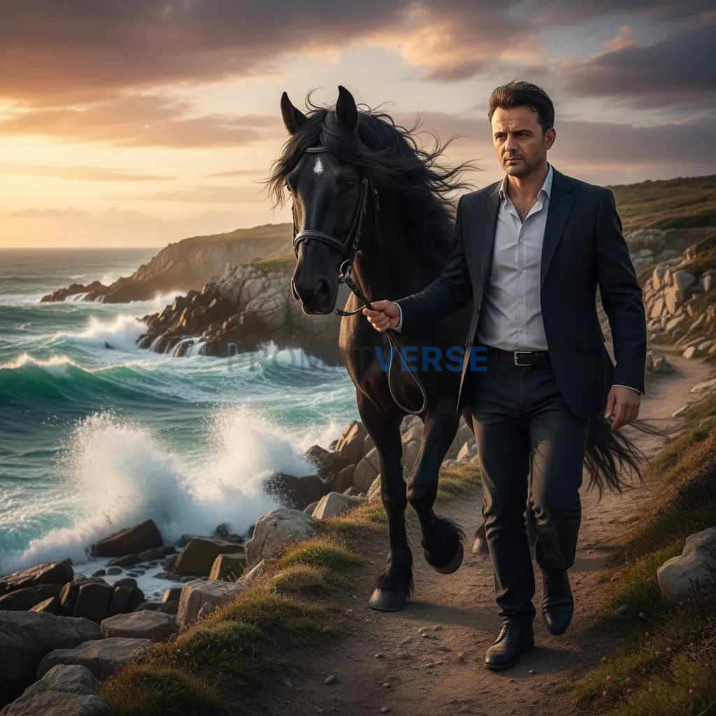 Editorial portrait of a man leading a black horse along a rocky coasta