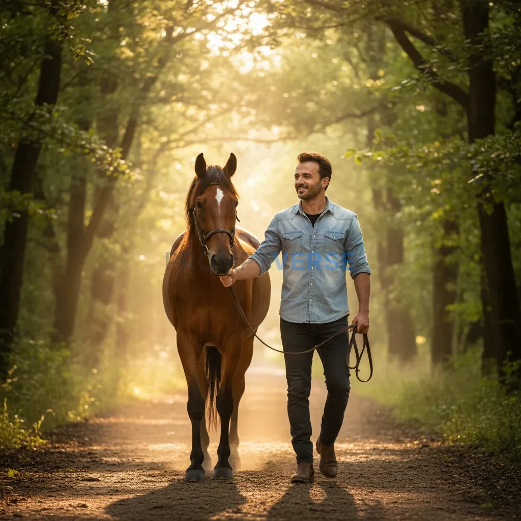 Ultra-detailed portrait, man in casual denim shirt walking beside a ch