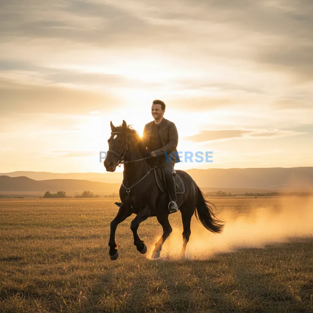 Cinematic portrait of a man riding a black stallion across an open fie