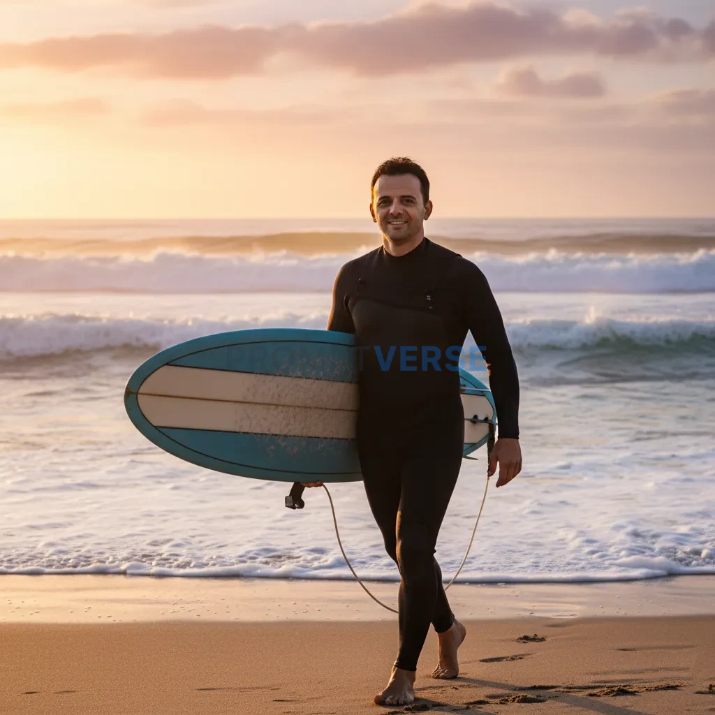Cinematic outdoor portrait, man in wetsuit walking along the shore car
