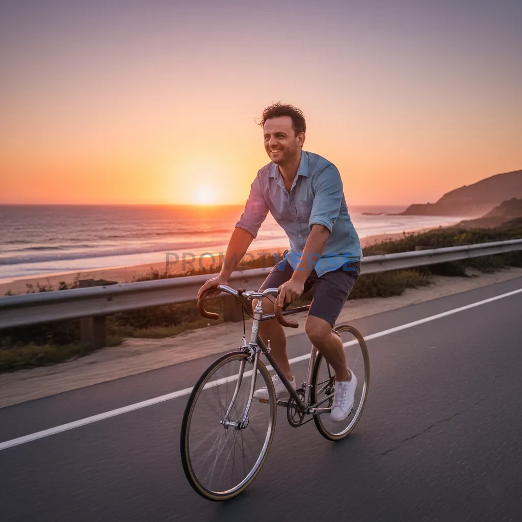 Cinematic lifestyle portrait, man riding a bicycle along a coastal roa