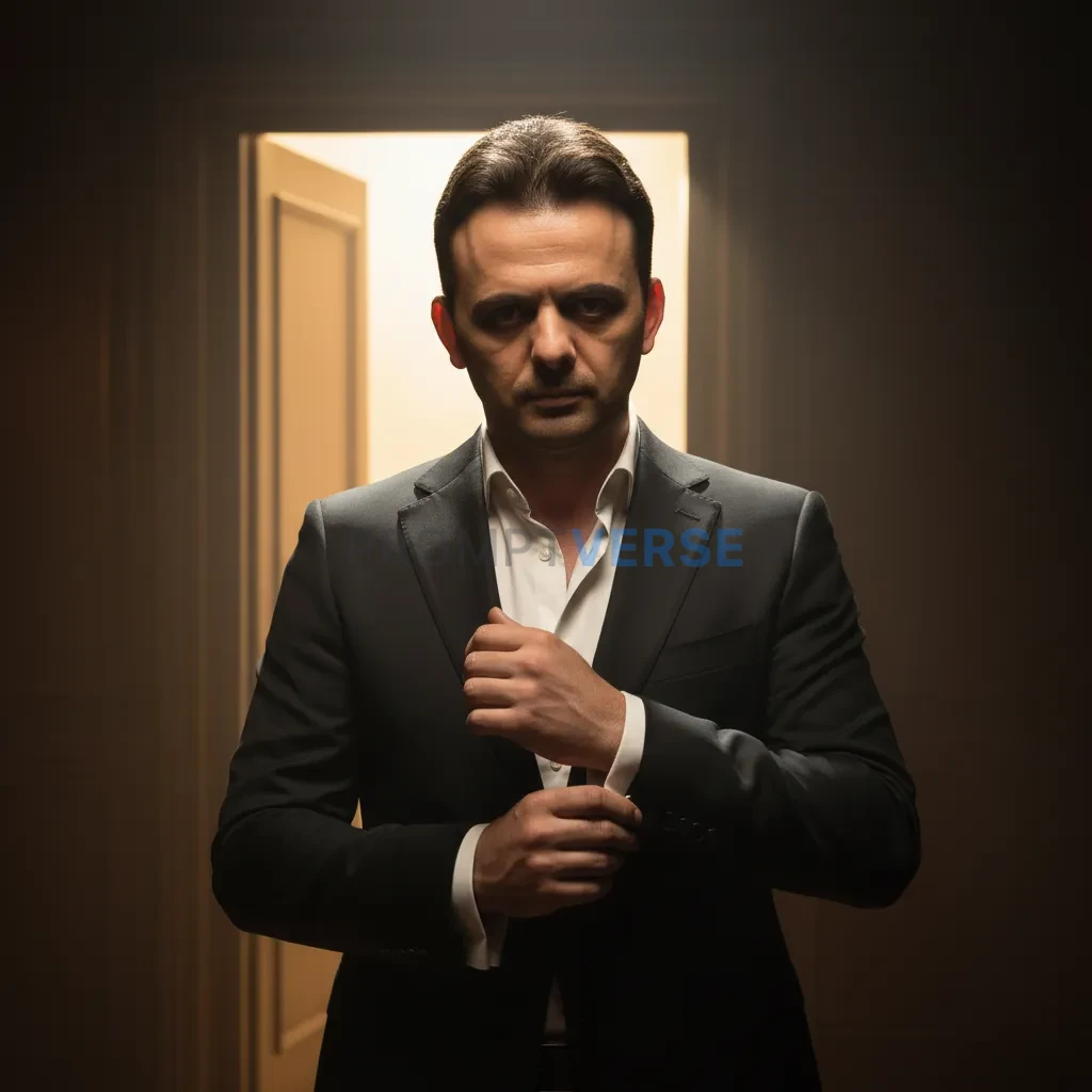 Cinematic close-up shot, a man in an open-collar suit adjusting his cu