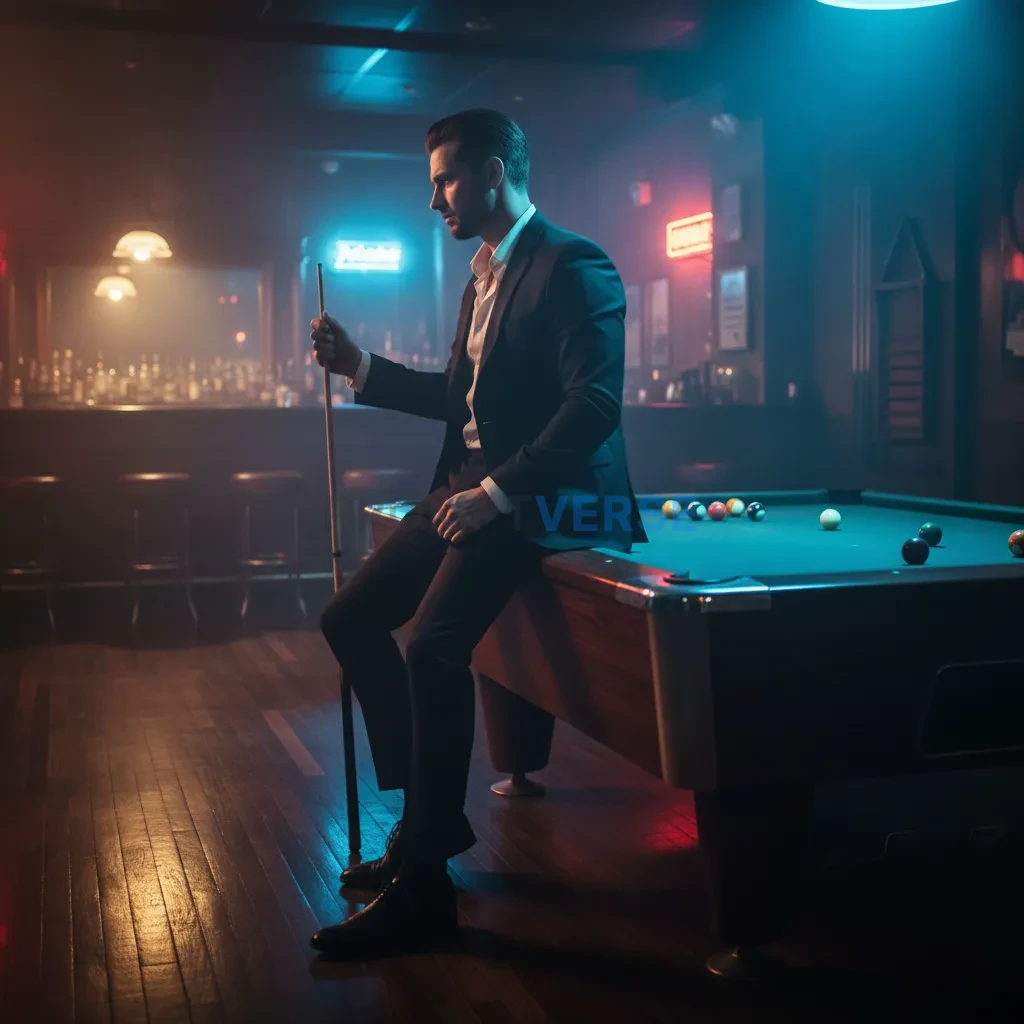 A cinematic side-angle shot of a man in a sharp black suit, no tie, si