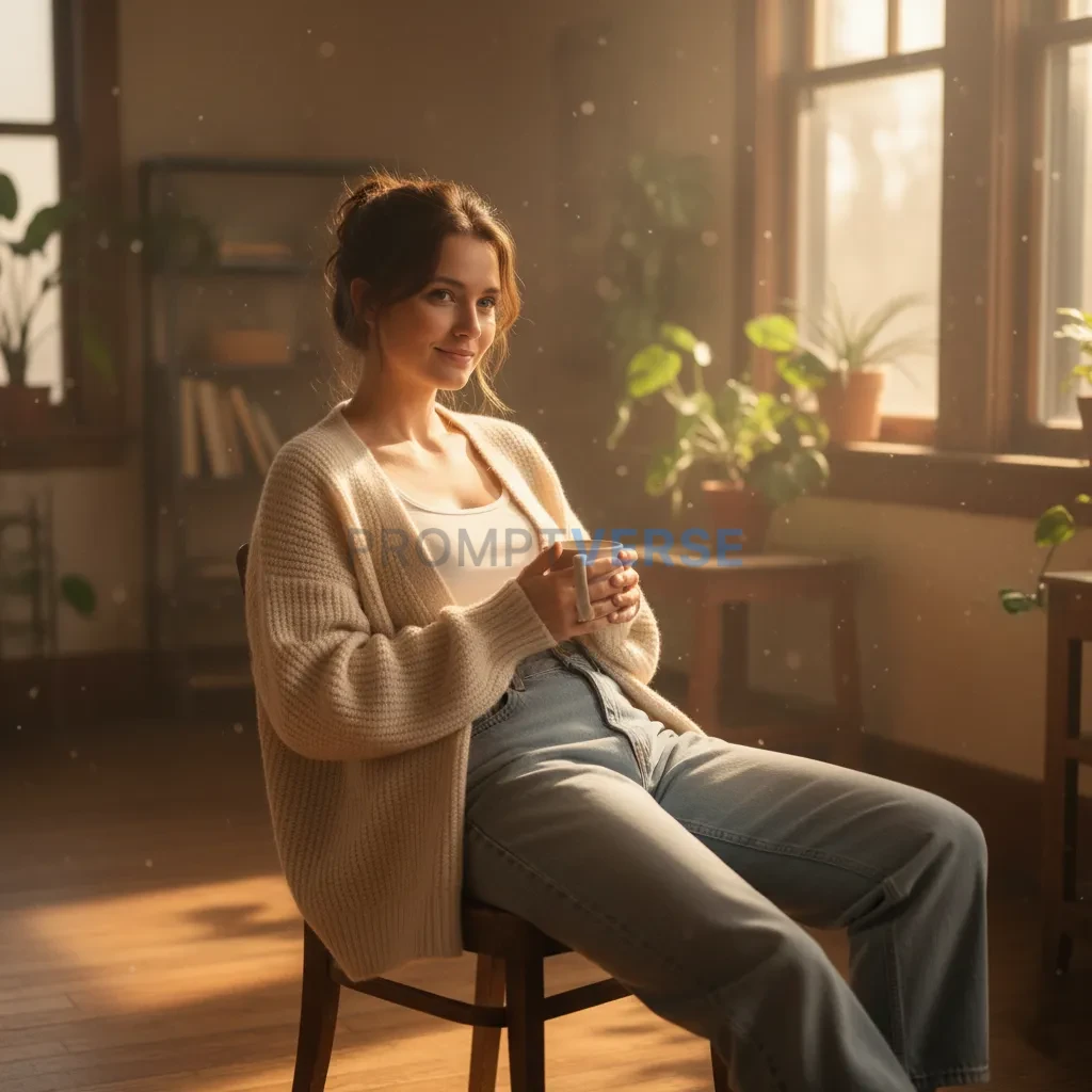 Relaxed woman wearing casual outfit, sitting on a wooden chair, cinema