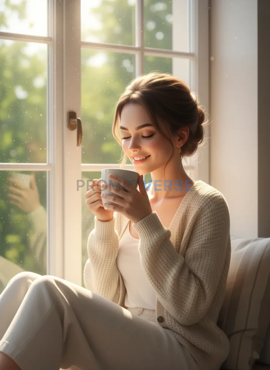 Candid portrait of woman sitting near window with coffee mug, natural 