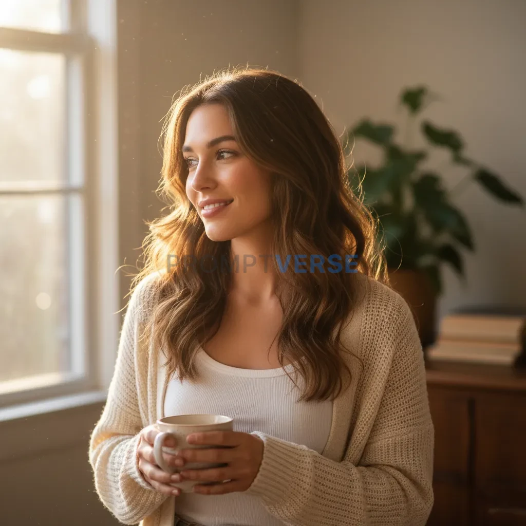Woman with loose hair wearing tank top and cardigan, morning sunlight,
