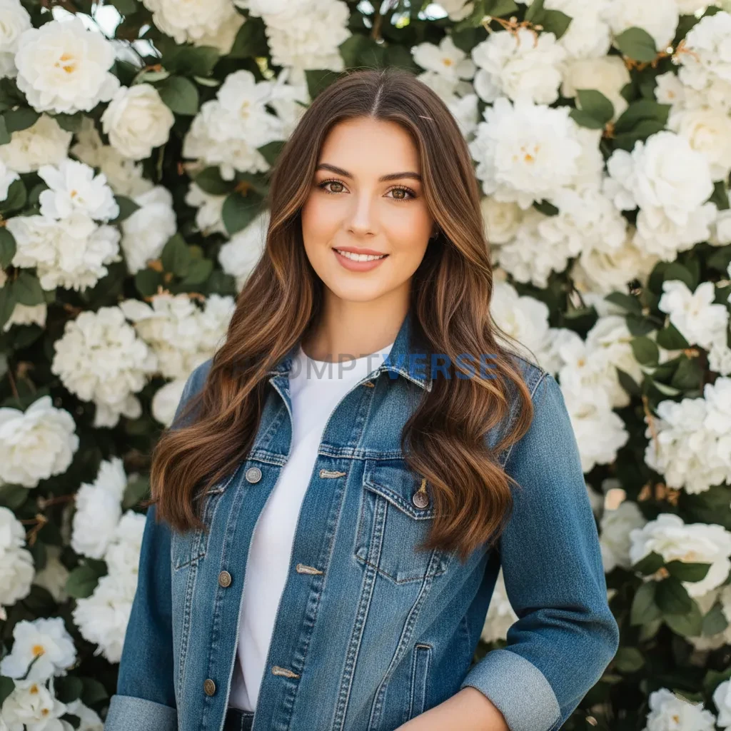 Young woman in denim jacket standing against white floral background, 