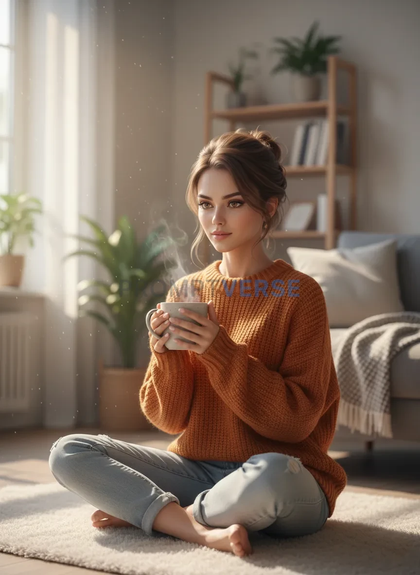 Woman sitting on floor wearing orange sweater and jeans, soft daylight