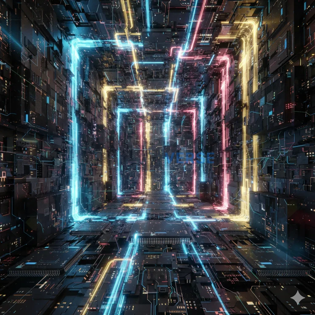 The vast, geometric, and glowing interior of a supercomputer's microch