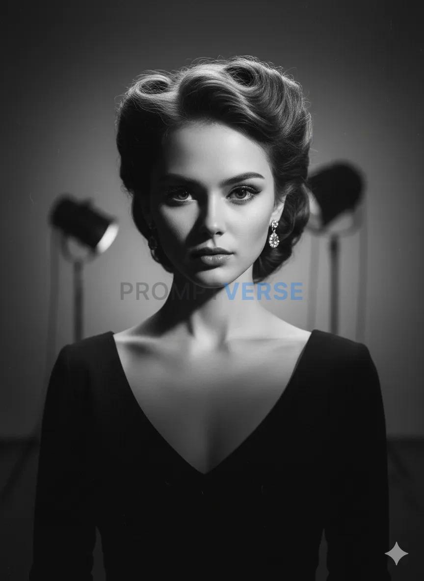 Black and white portrait of woman with retro hairstyle, vintage studio