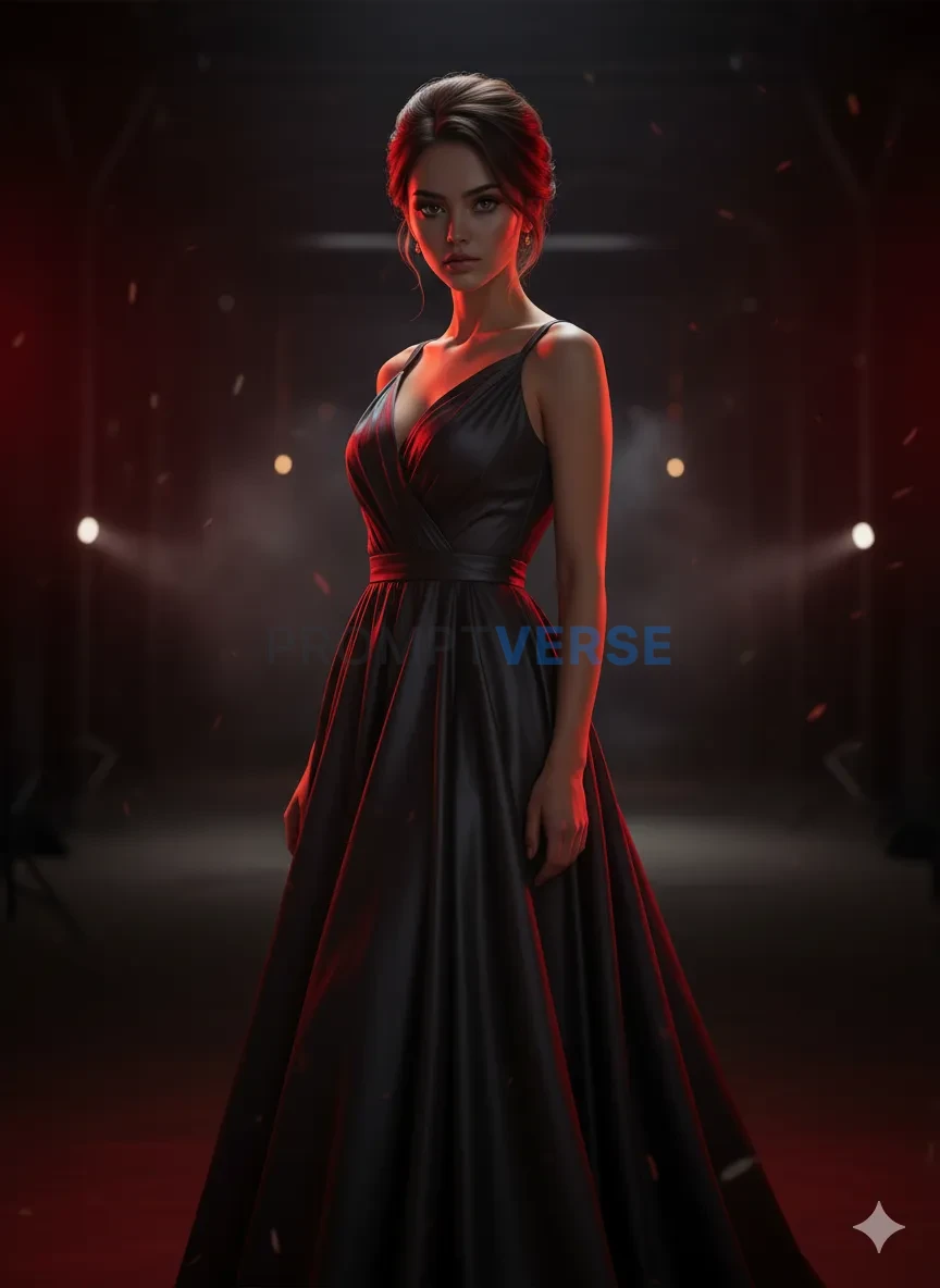 Fashion model with red lighting in dark studio, mysterious vibe, cinem