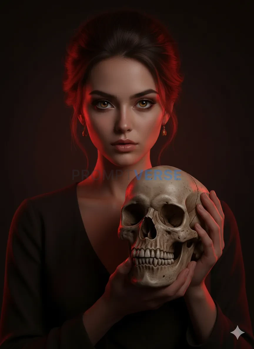 Moody portrait of woman holding a skull under red light, cinematic art