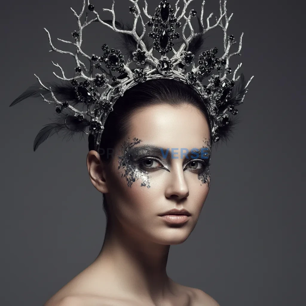Close-up, conceptual fashion shot focusing on exaggerated makeup and a