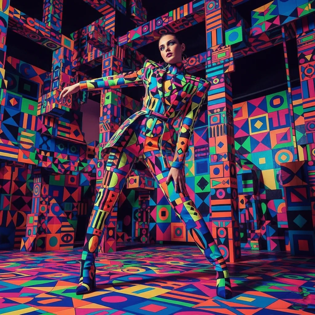 A woman in a brightly colored, geometric-patterned outfit, positioned 