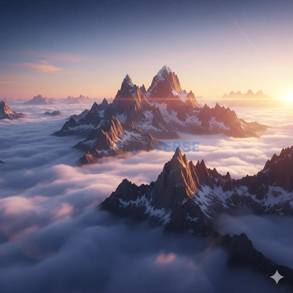 A colossal mountain range piercing through a sea of clouds at sunrise,