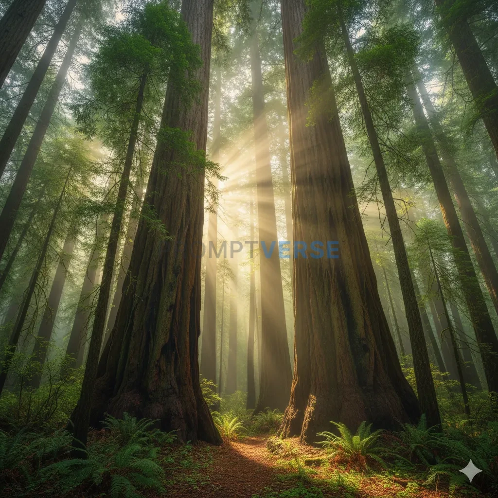 An ancient, giant redwood forest, with cathedral-like shafts of divine