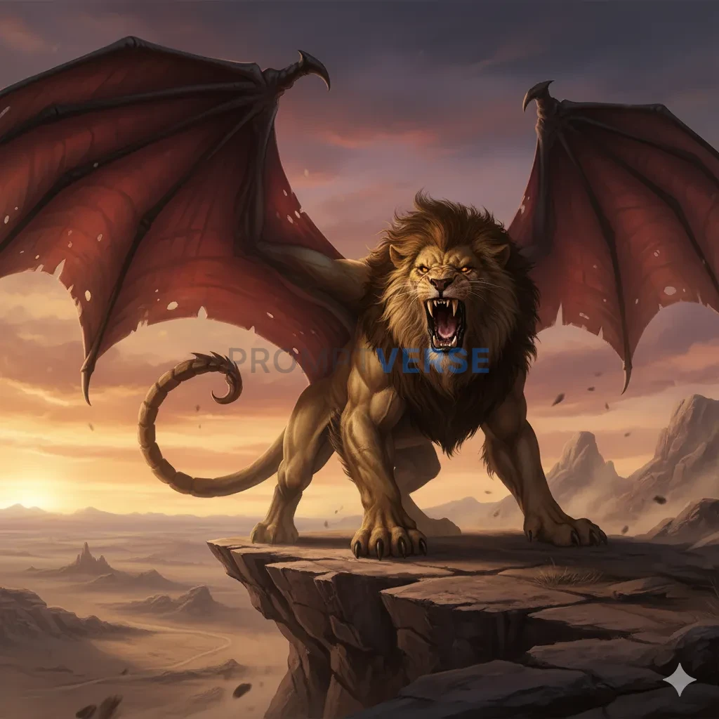 A fearsome Manticore with the body of a lion, the wings of a dragon, a