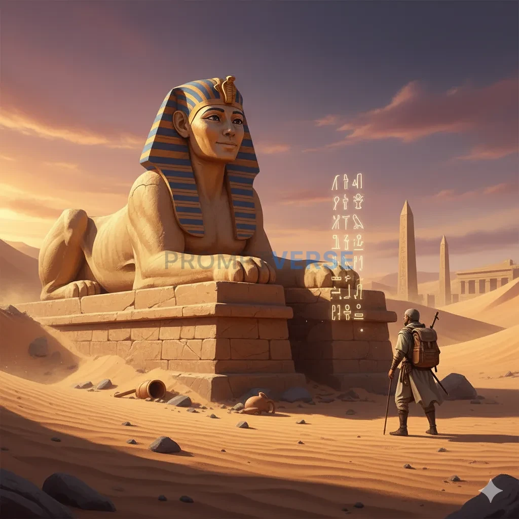 A wise Sphinx with a calm, enigmatic smile, posing a riddle to a lone 