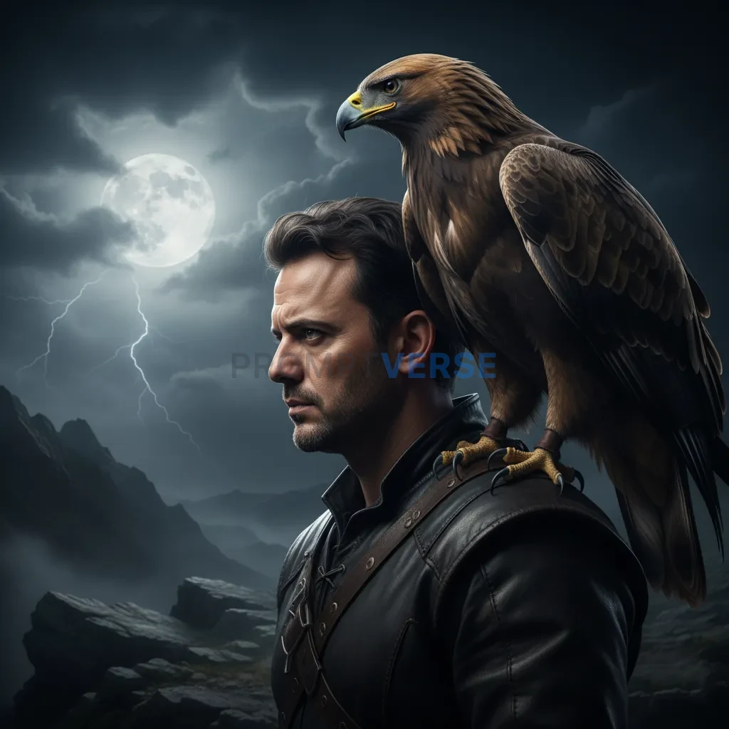Cinematic headshot of a man side-profile with eagle on his shoulder, b