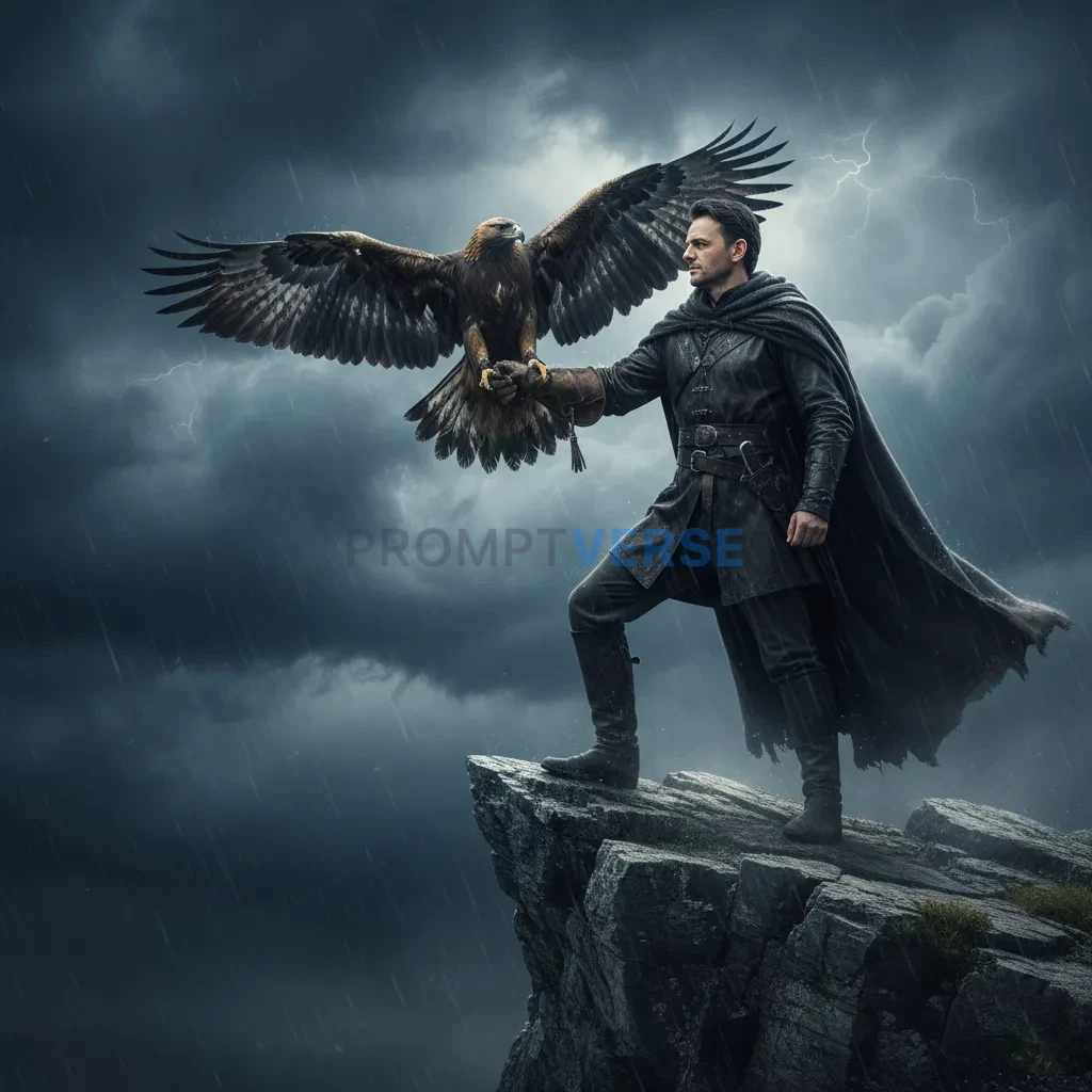 Close-up portrait, man gazing upward as eagle takes flight from his ar